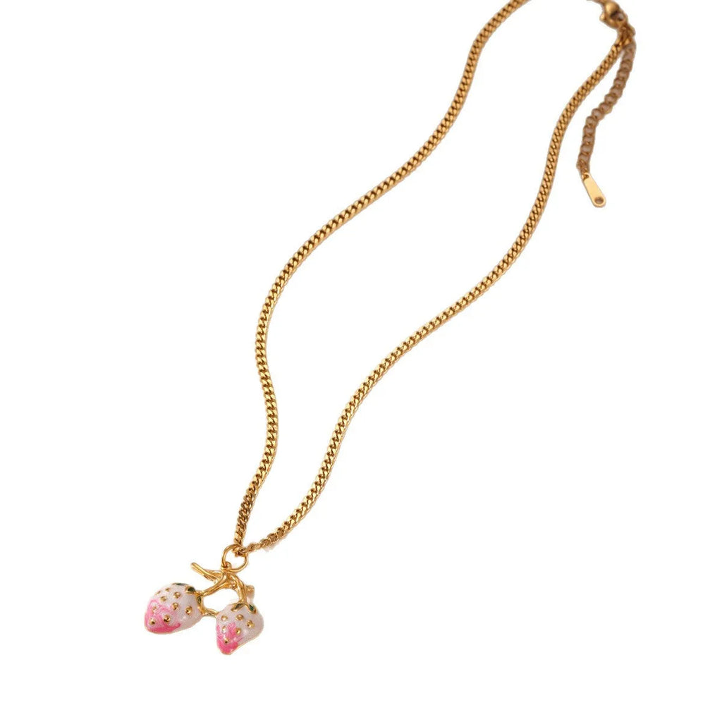 Stainless steel necklace with a detailed strawberry fruit pendant in red or white gradient finish.
