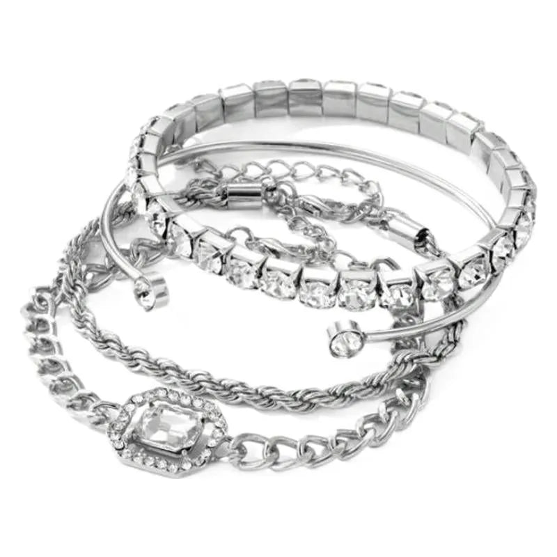 Women's retro geometric square diamond four-piece bracelet set in gold or silver alloy
