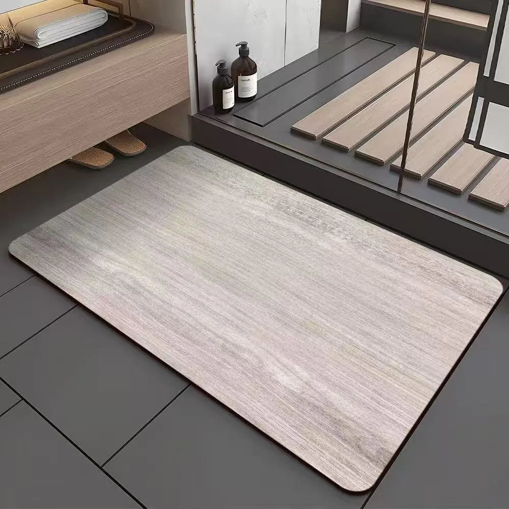 American wood grain diatomite bath mat with geometric pattern in bathroom setting