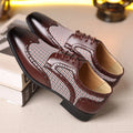 Men's houndstooth plaid casual shoes in black with square toe and lace-up front.