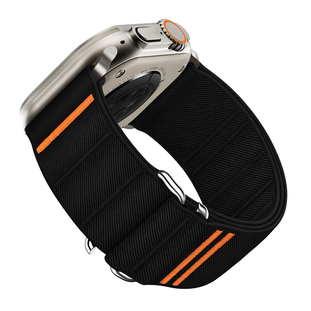 Elastic nylon sport loop strap with stainless steel buckle for Apple Watch, shown in multiple colour options.