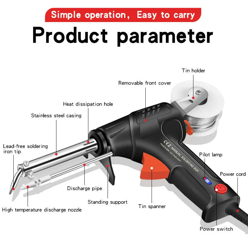 Black soldering gun set with LED light, alloy construction, five pieces including soldering iron and accessories