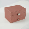 Hard-sided rectangular jewellery storage box in beige PU leather with lid closed
