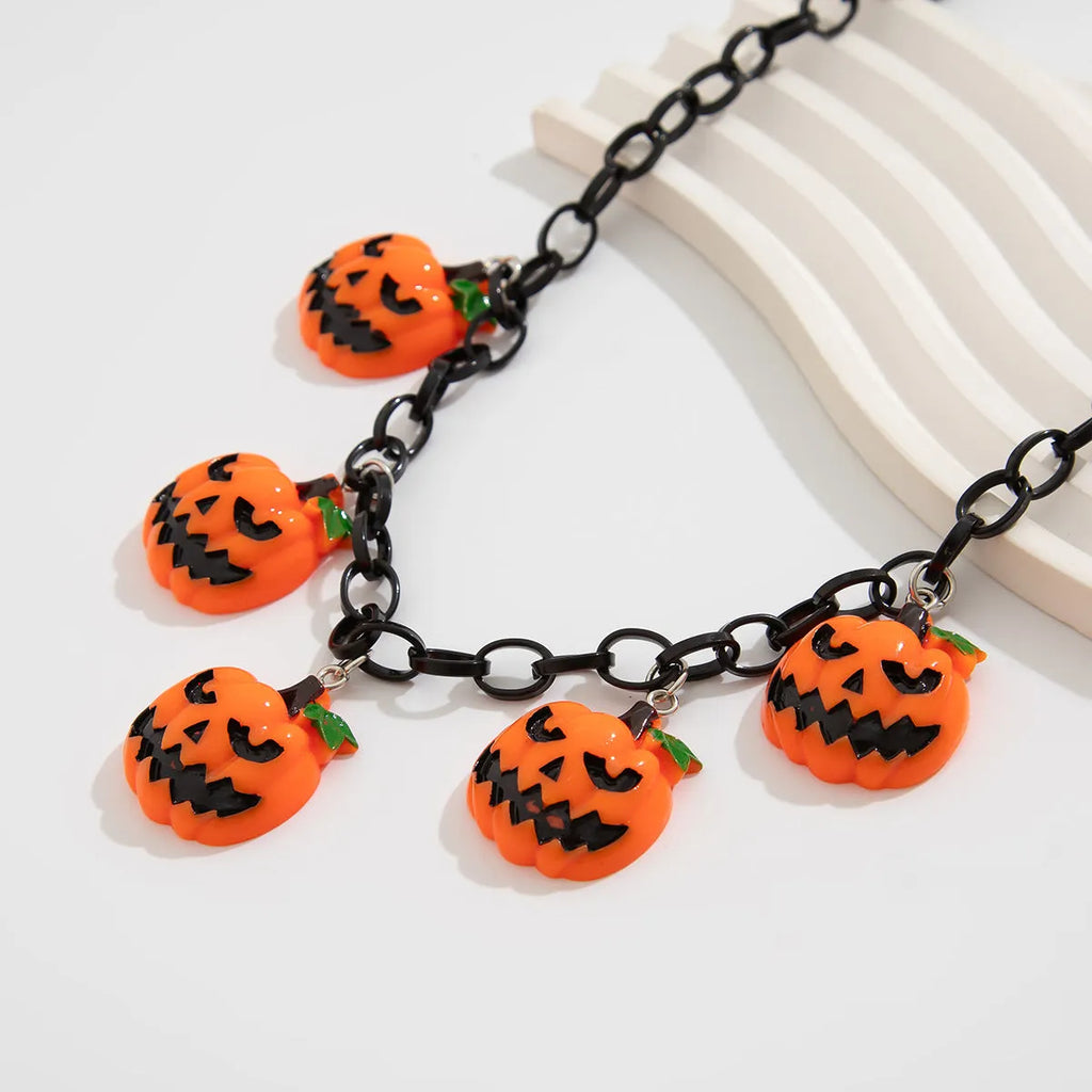 Halloween necklace with cartoon pumpkin acrylic pendant on plastic chain in mixed colour 06705