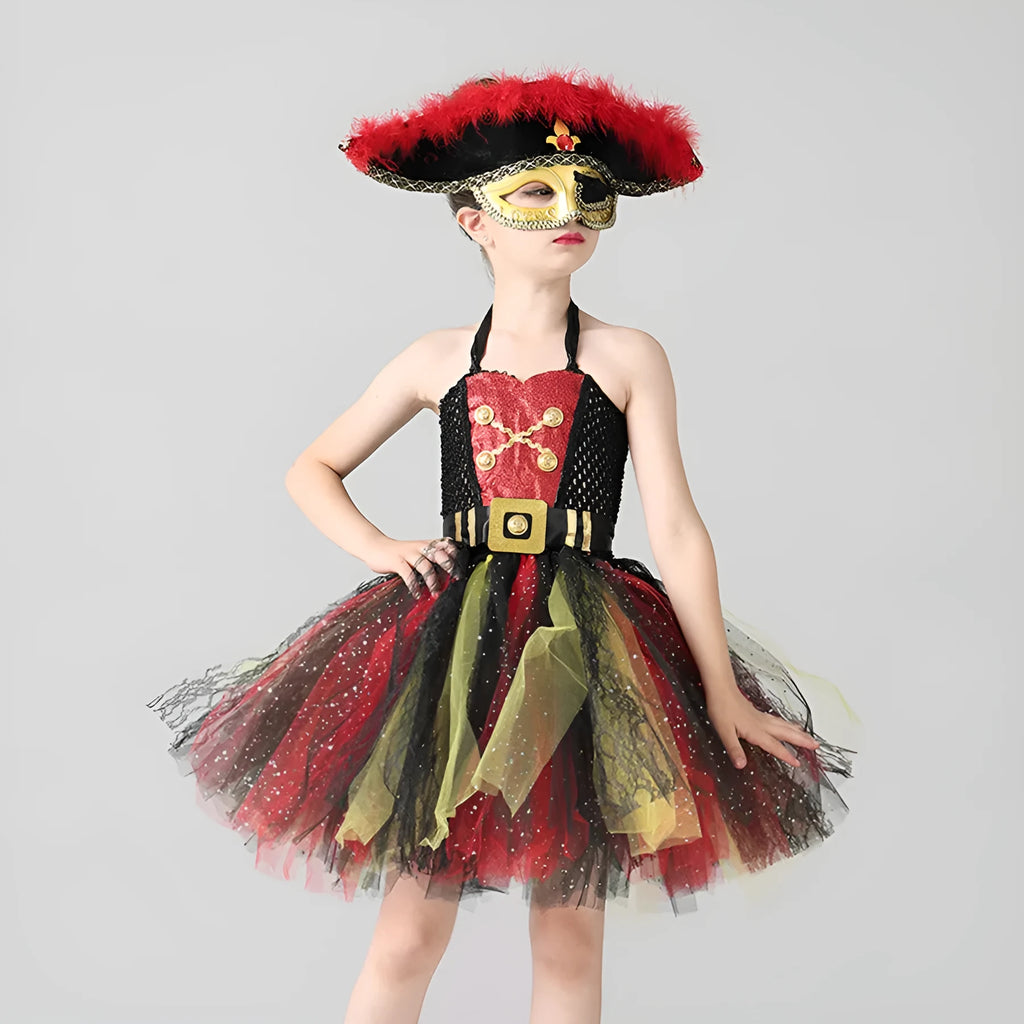 Girls Pirates Of The Caribbean Halloween costume dress with sequin mesh design and sleeveless cut