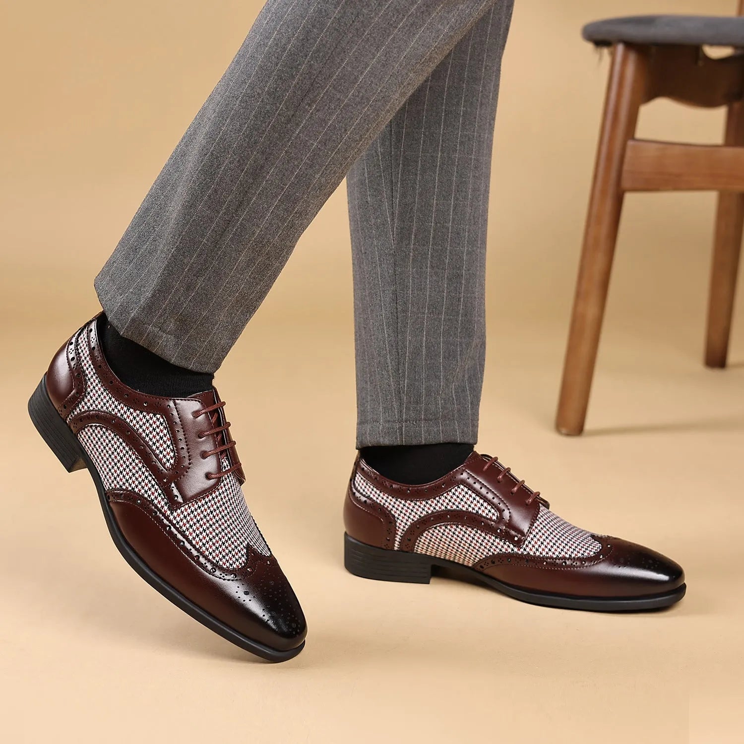 Men's houndstooth plaid casual shoes in black with square toe and lace-up front.