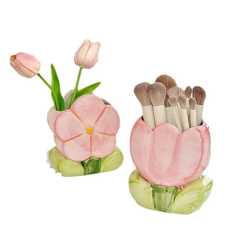 Ceramic flower pen holder storage box with tulip design in blue, pink, and purple colour patterns