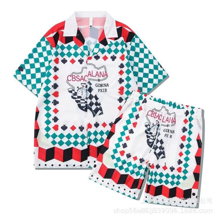 Plaid patterned beach outfit set with short sleeve shirt and matching trousers on a man