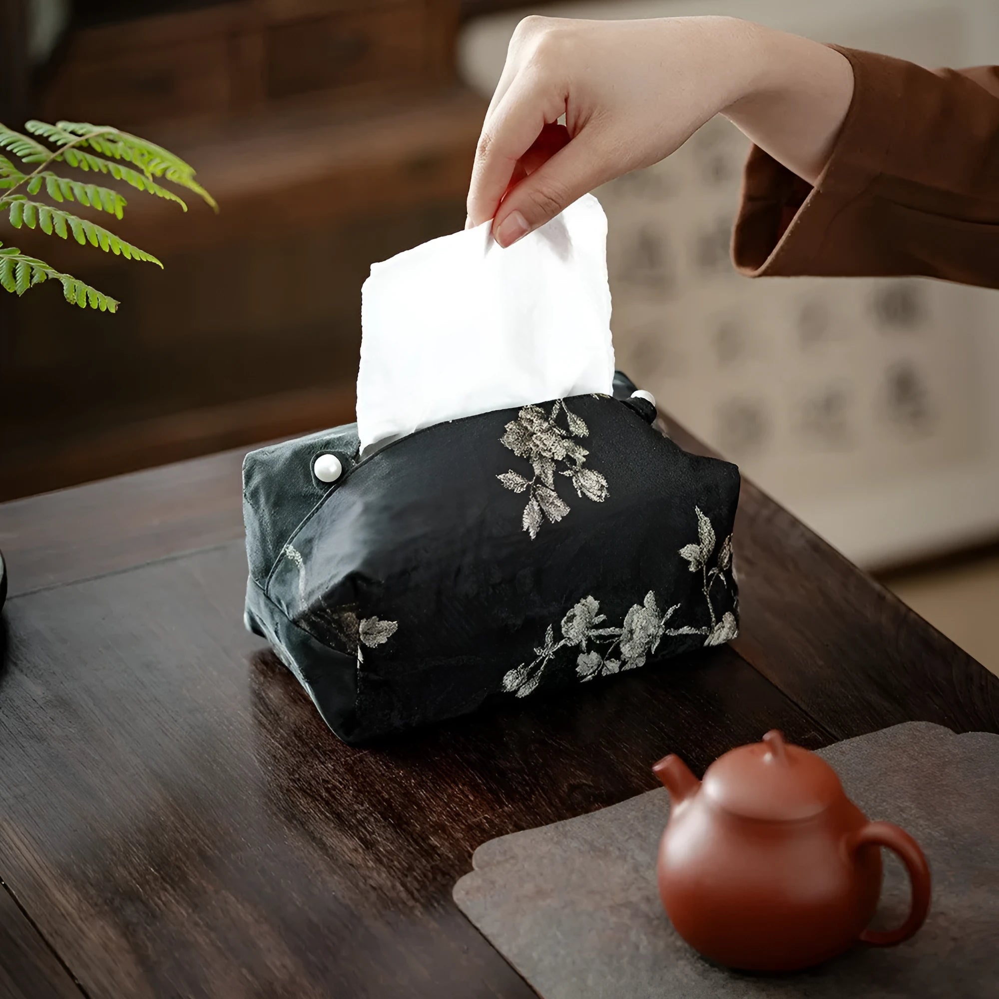 Chinese brocade fabric tissue box with embroidery white plum design, approximately 17cm x 6.5cm x 10cm