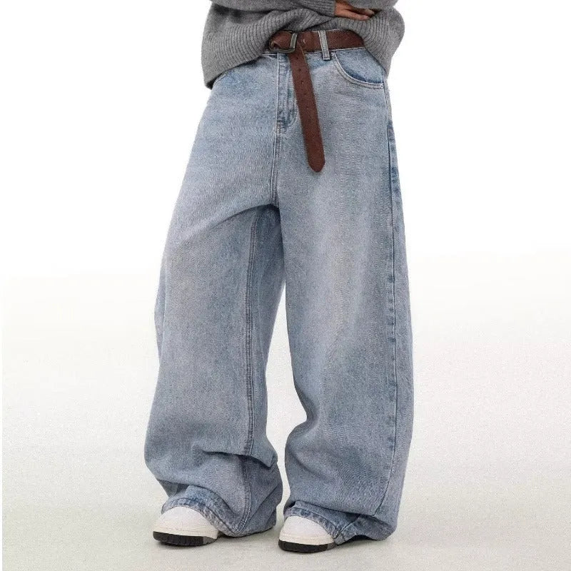 Men's blue retro washed distressed straight jeans with mid waist and zipper fly, casual denim trousers