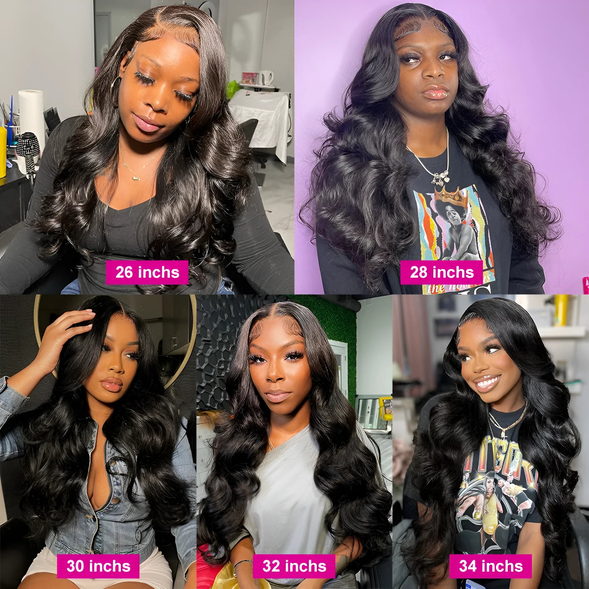 Black synthetic front lace wig with long curly hair and side bangs shown at 30 inch length