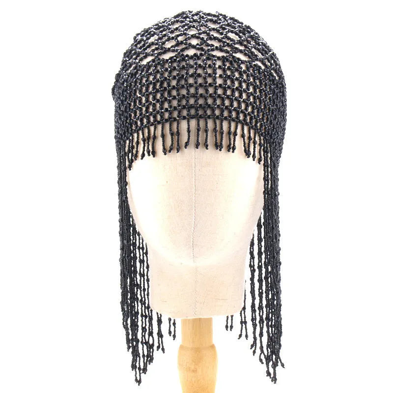 Handmade belly dance hat with beaded alloy construction and tassels in black or silver