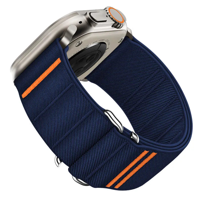 Elastic nylon sport loop strap with stainless steel buckle for Apple Watch, shown in multiple colour options.