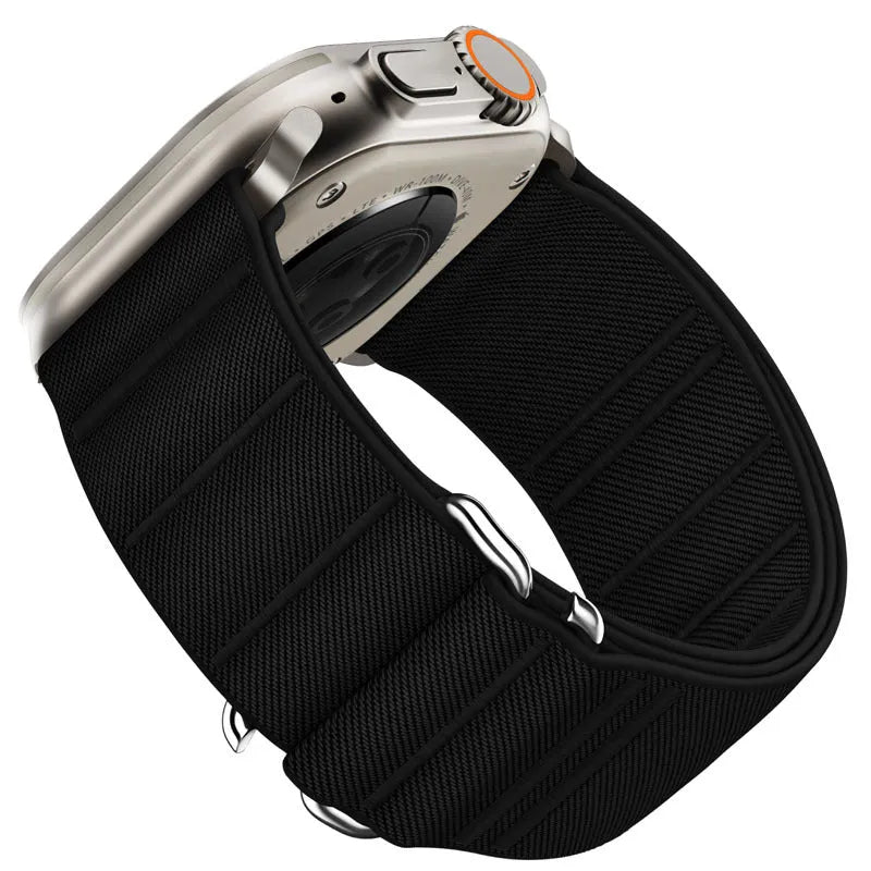 Elastic nylon sport loop strap with stainless steel buckle for Apple Watch, shown in multiple colour options.