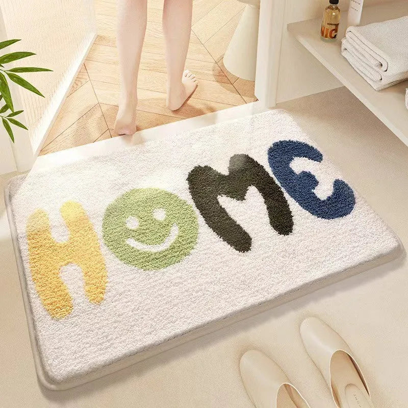 Square rainbow print cashmere carpet floor mat with blue and white sky sea colours and plastic bottom.