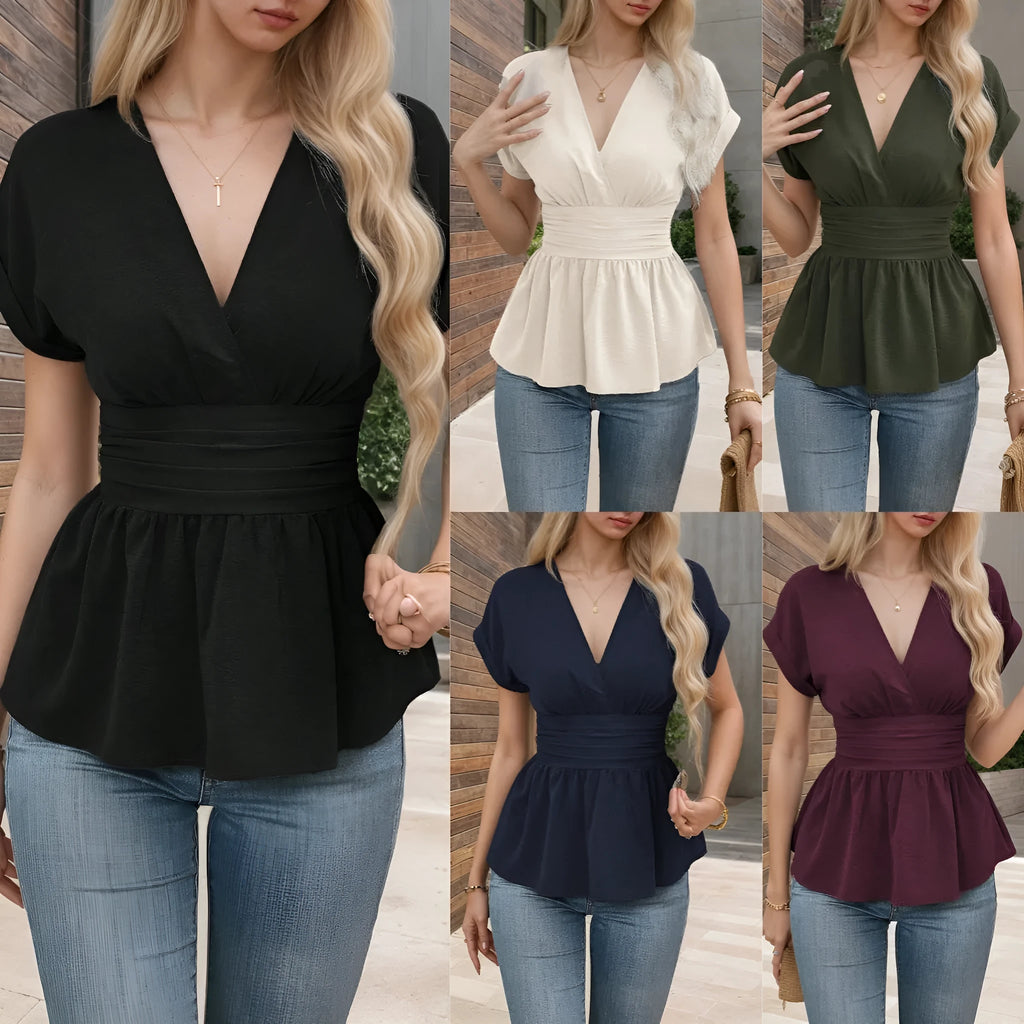 Summer solid colour V-neck waist pleated slim fit short sleeve polyester top for women