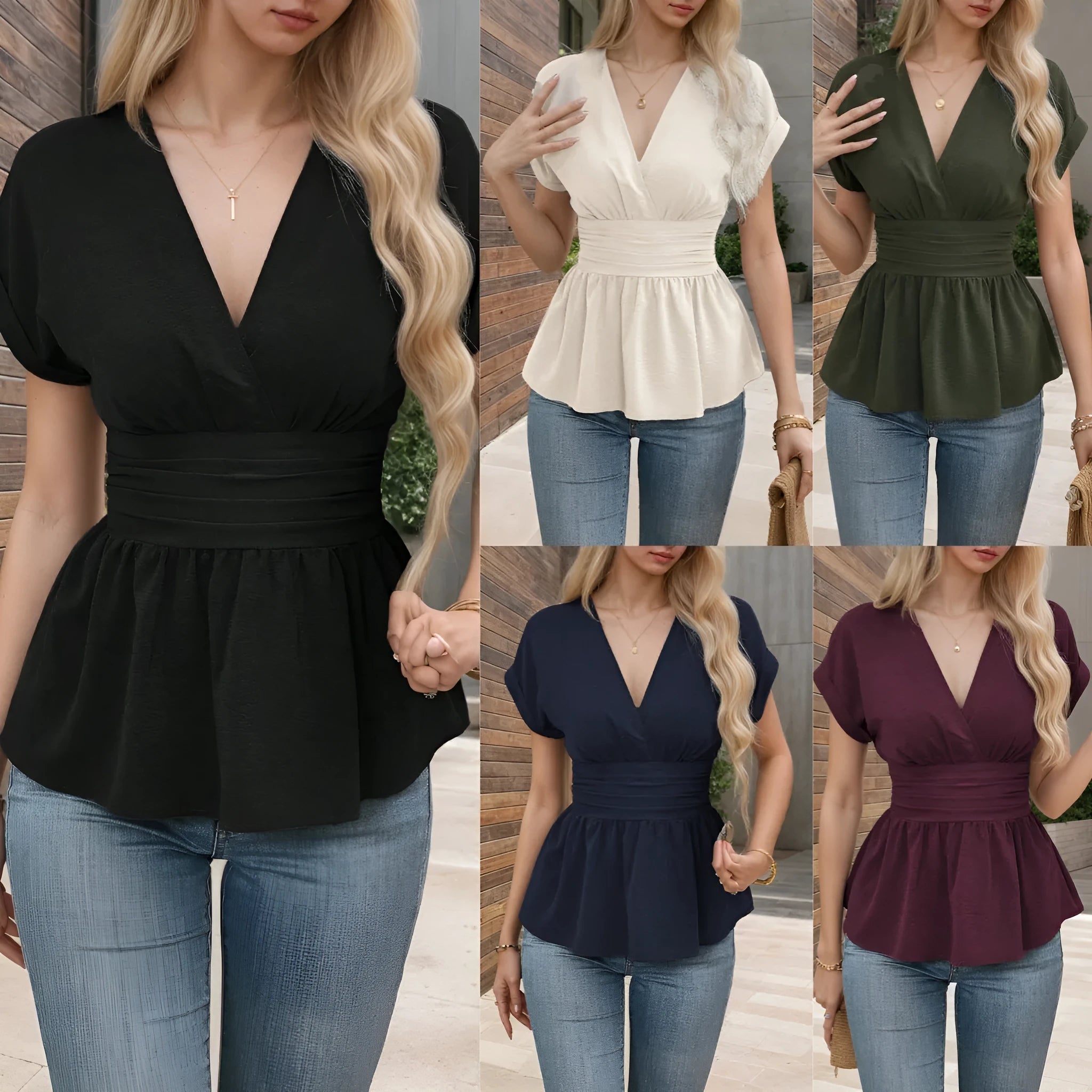 Summer solid colour V-neck waist pleated slim fit short sleeve polyester top for women