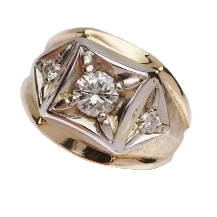 Gold-coloured wide face couple rings with geometric hollow design and chamfering square pattern