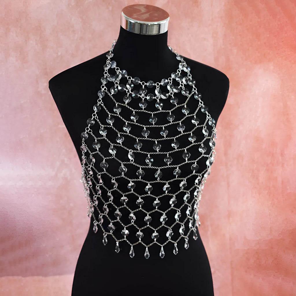 Hand-woven acrylic crystal sequins transparent body chain chest necklace round beads