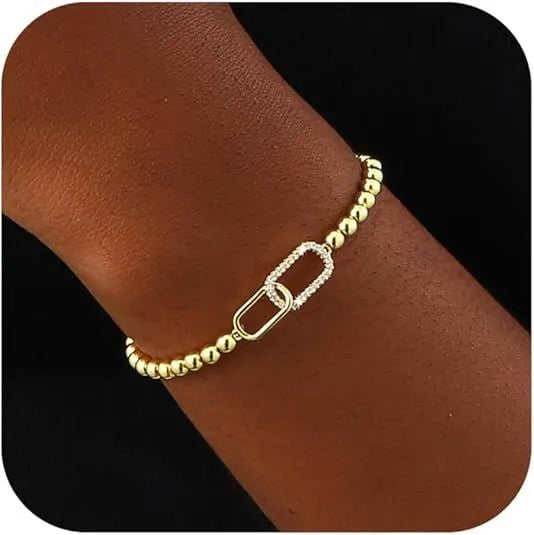 Adjustable stainless steel beaded bracelet with geometric round design in six colour options