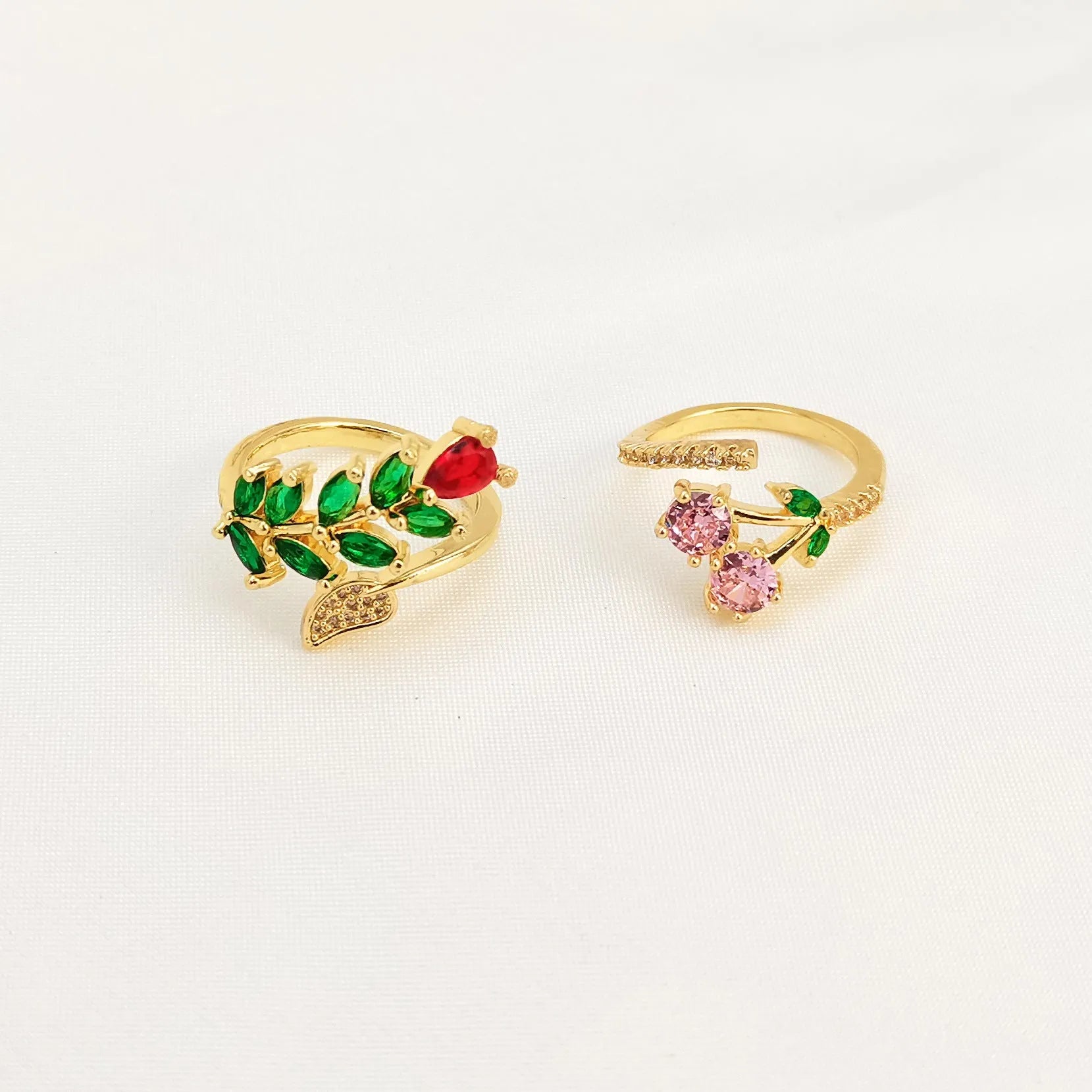 Copper gold-plated open ring with zircon leaf geometric design for women
