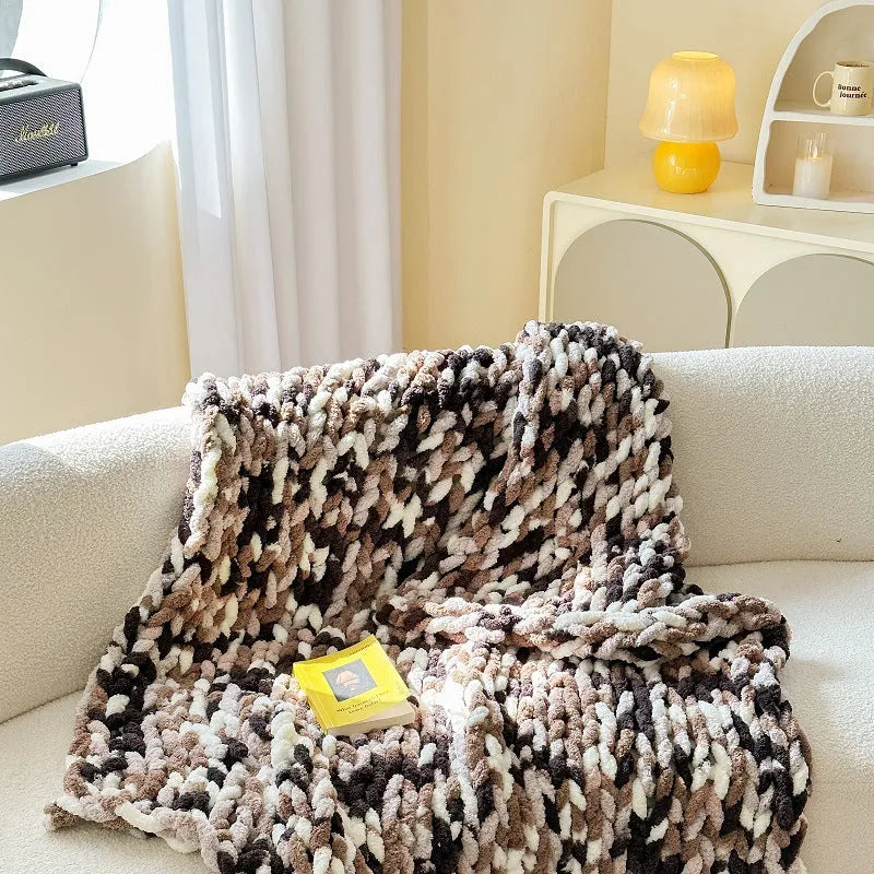 Handmade striped chenille cover blanket showing texture, displayed in caramel mango colour