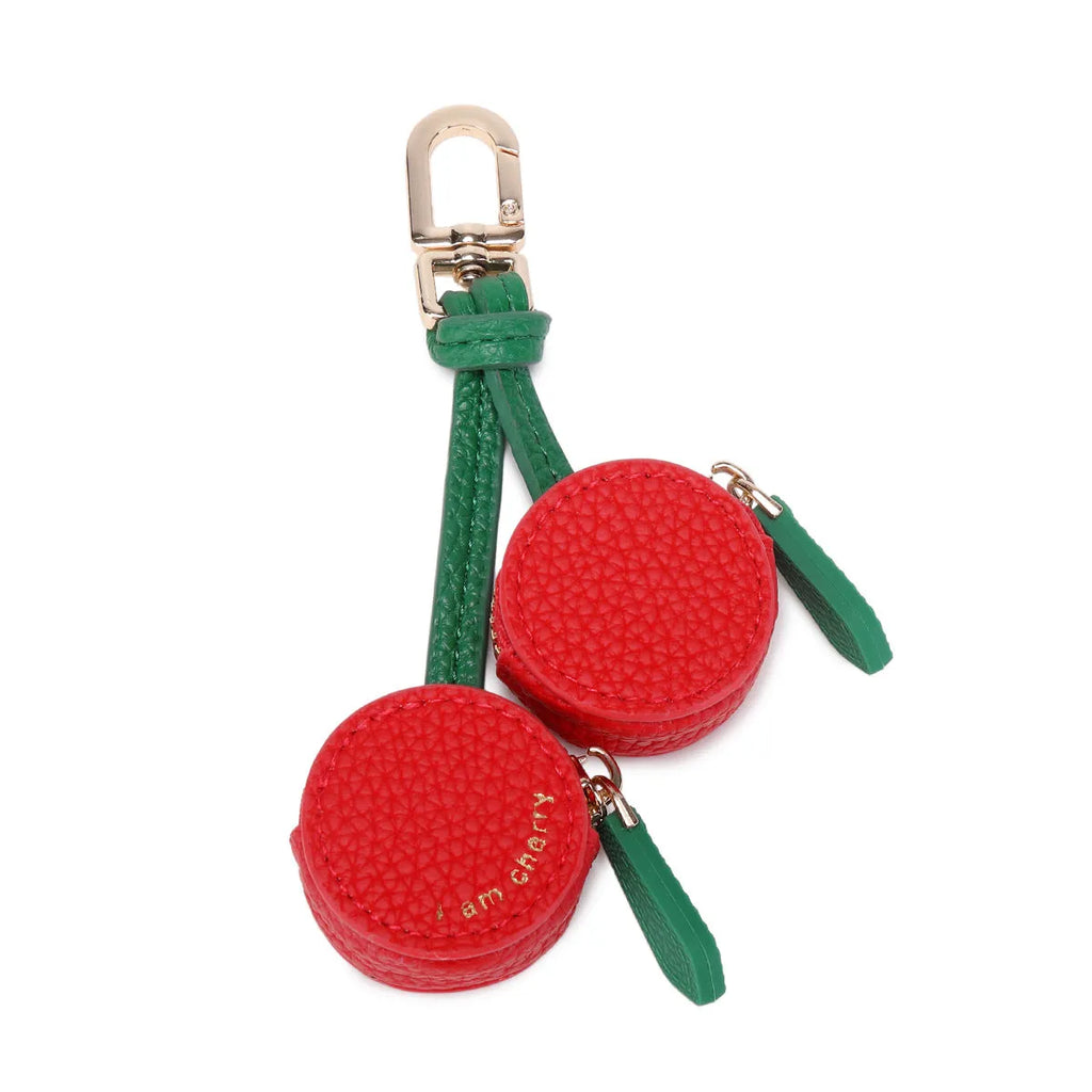Mini cherry fruit keychain coin bag in PU leather with solid colour cherry option, showing small pouch on keyring