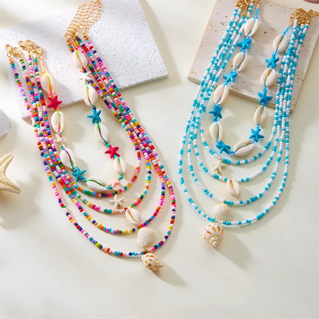 Women's five-piece shell bead necklace set with adjustable length showing blue and coloured variants