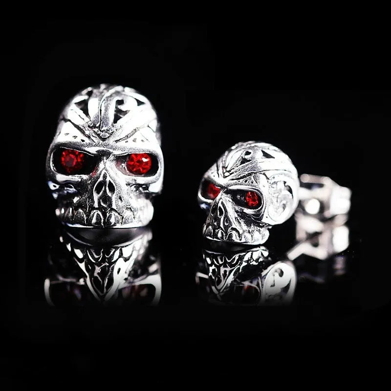 Retro red eye ghost head skull stud earrings with alloy and artificial gemstone construction