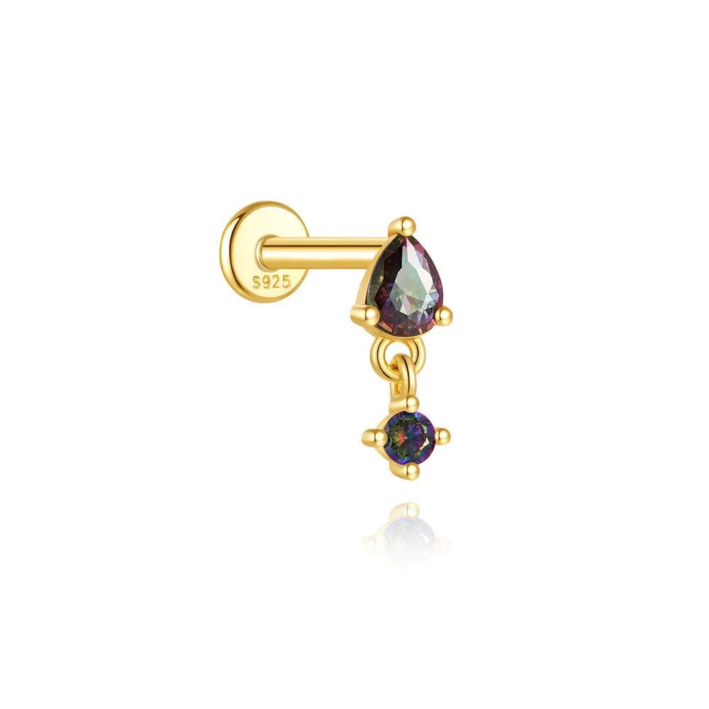 S925 sterling silver flat head thread earrings with rainbow stone in geometric design