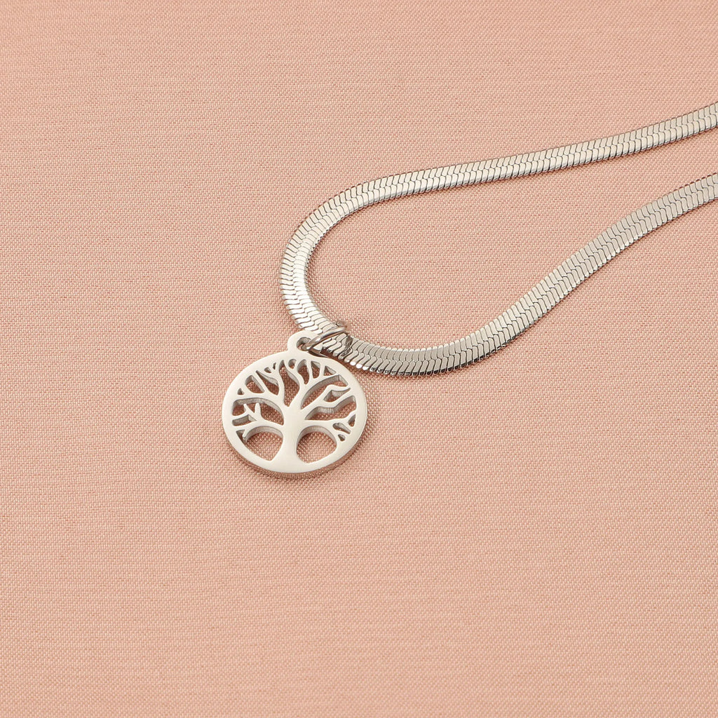 Stainless steel necklace with tree pendant on snake bones chain in gold and steel colours