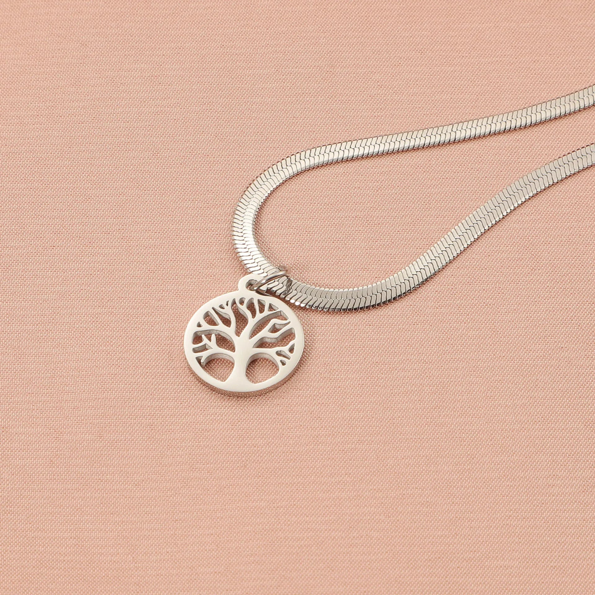 Stainless steel necklace with tree pendant on snake bones chain in gold and steel colours