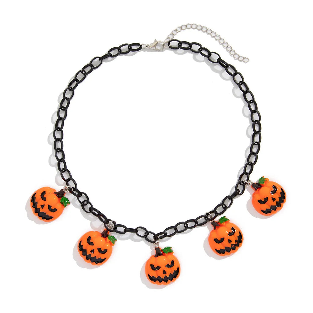 Halloween necklace with cartoon pumpkin acrylic pendant on plastic chain in mixed colour 06705