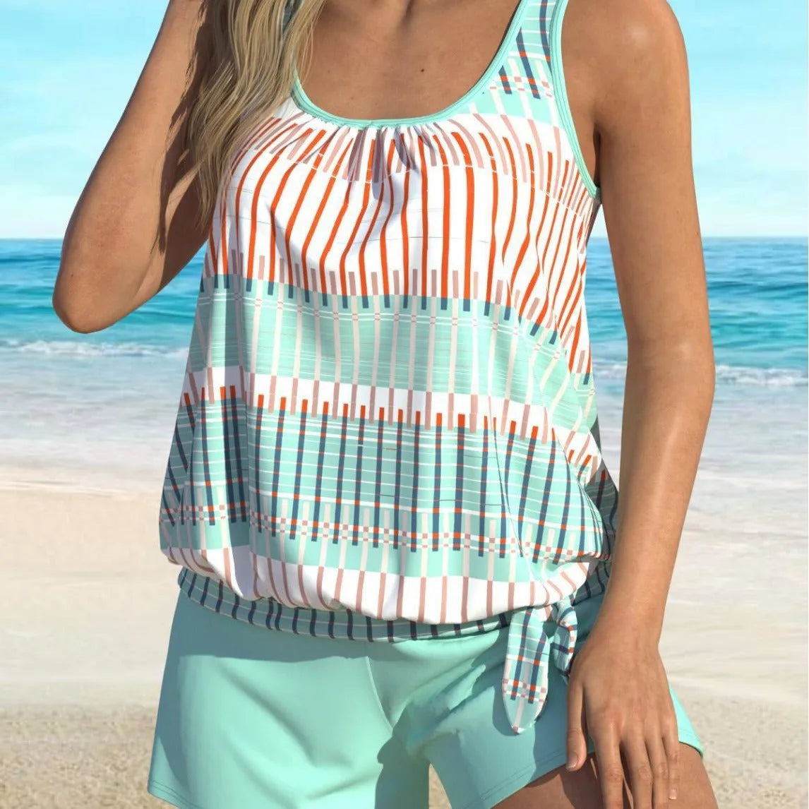 Women's sky blue striped colour split swimsuit in polyester fibre blend, plus sizes 1XL-5XL