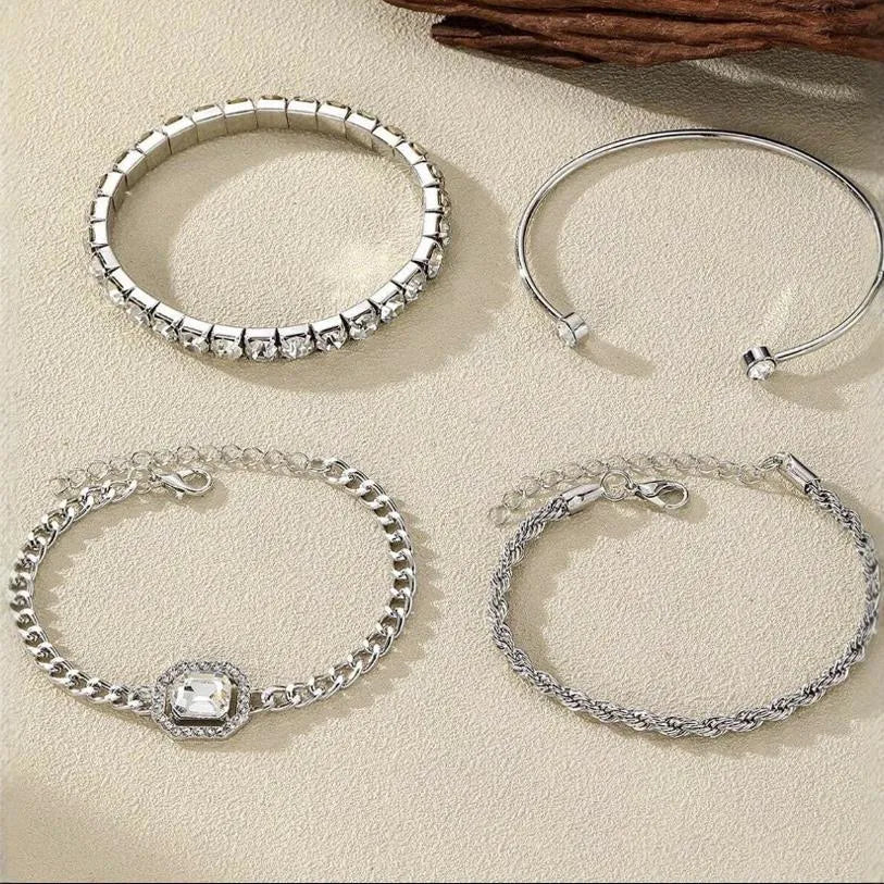 Women's retro geometric square diamond four-piece bracelet set in gold or silver alloy