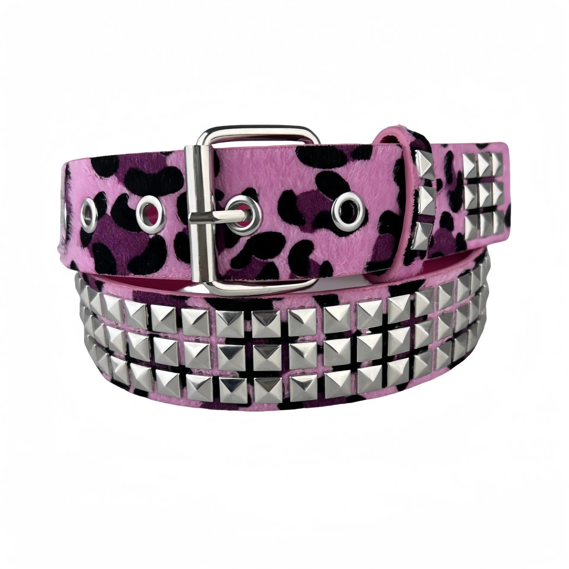 Women's punk fashion belt with metal rivets and pyramid studs in leopard print pattern