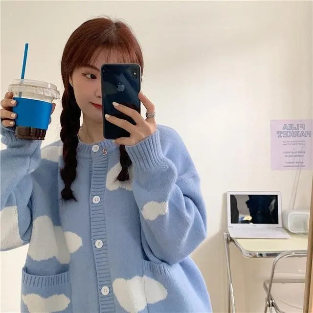 Blue women's cardigan with cloud pattern, loose fit, long sleeves
