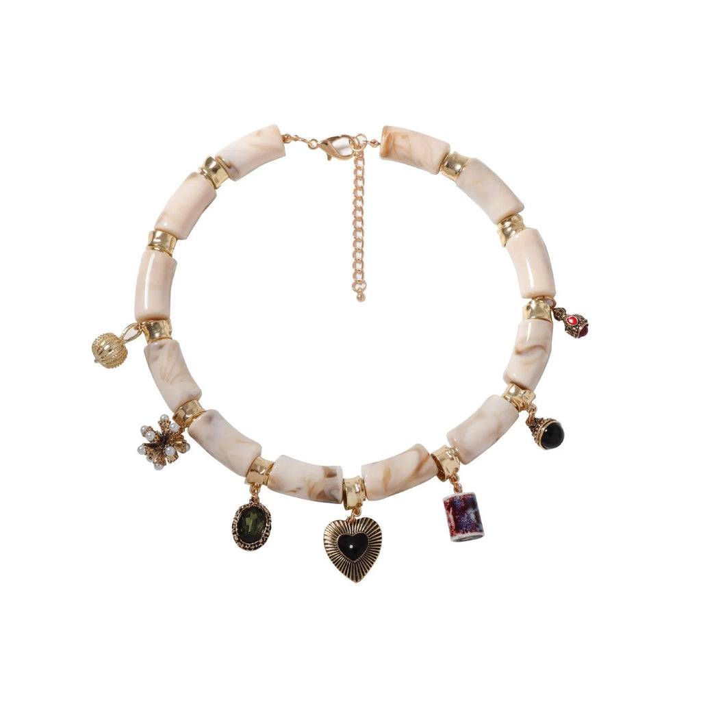 Heart-shaped resin and bamboo pendant necklace with electroplated colour finish