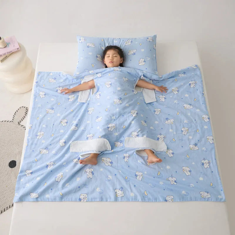 Light blue anti-kick summer blanket with antibacterial filler on a bed