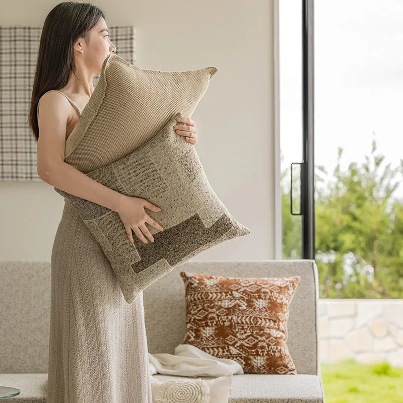 PP cotton filled pillow cushion with removable cover in red coffee colour on sofa