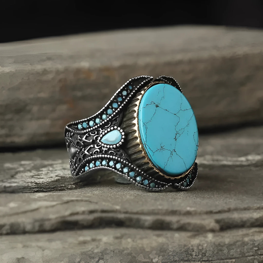 Men's round alloy ring with antique silver finish and turquoise decorative element