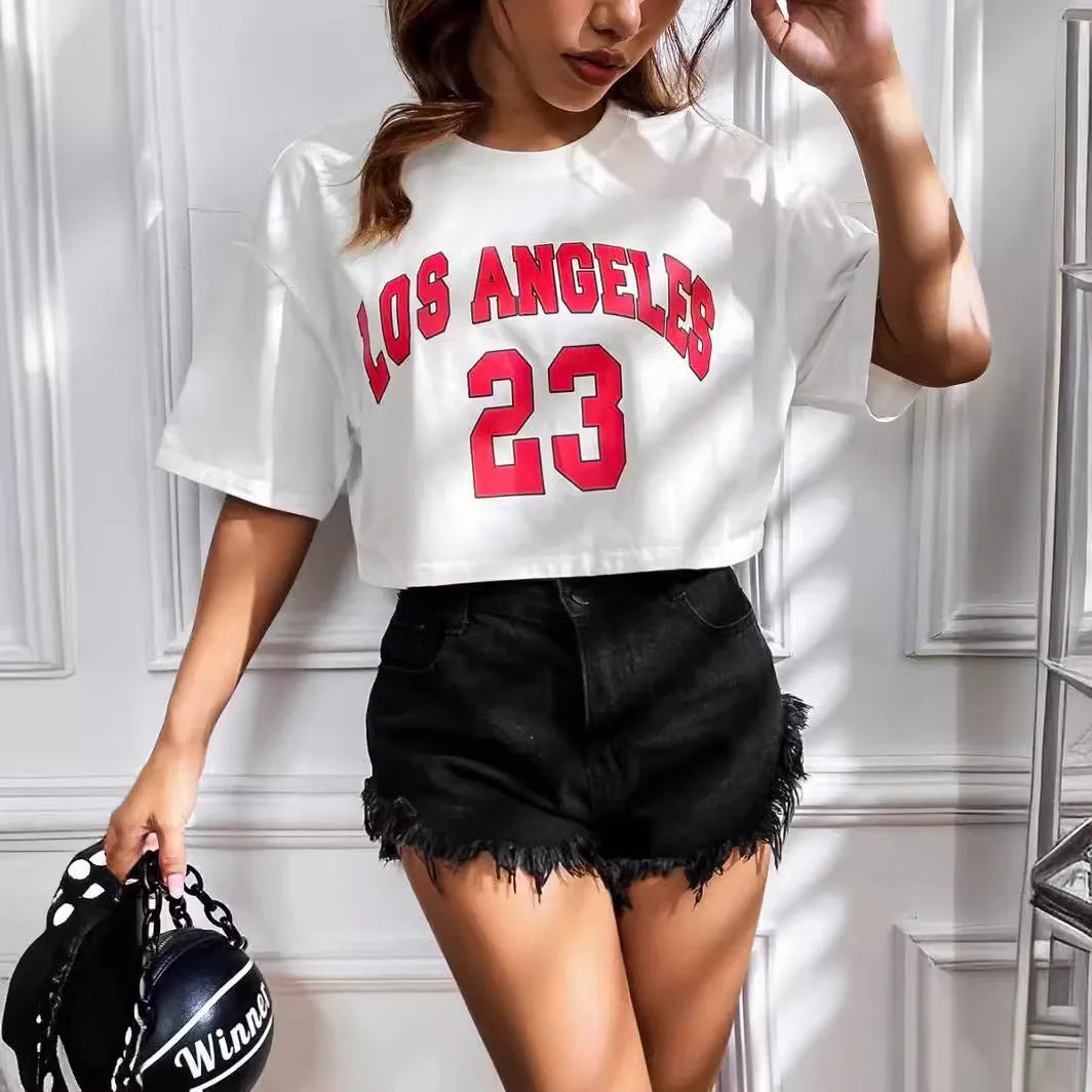 Women's personalised letter t-shirt with exposed navel design in black cotton fabric