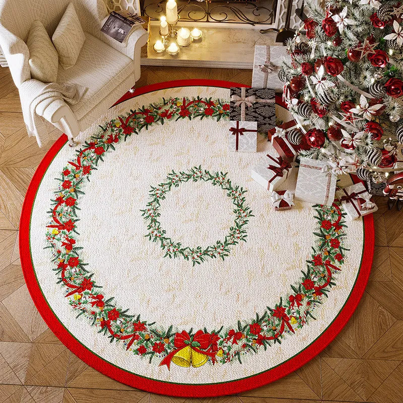 Round red Christmas-themed polyester floor mat with non-slip base on a wooden living room floor.