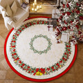 Round red Christmas-themed polyester floor mat with non-slip base on a wooden living room floor.