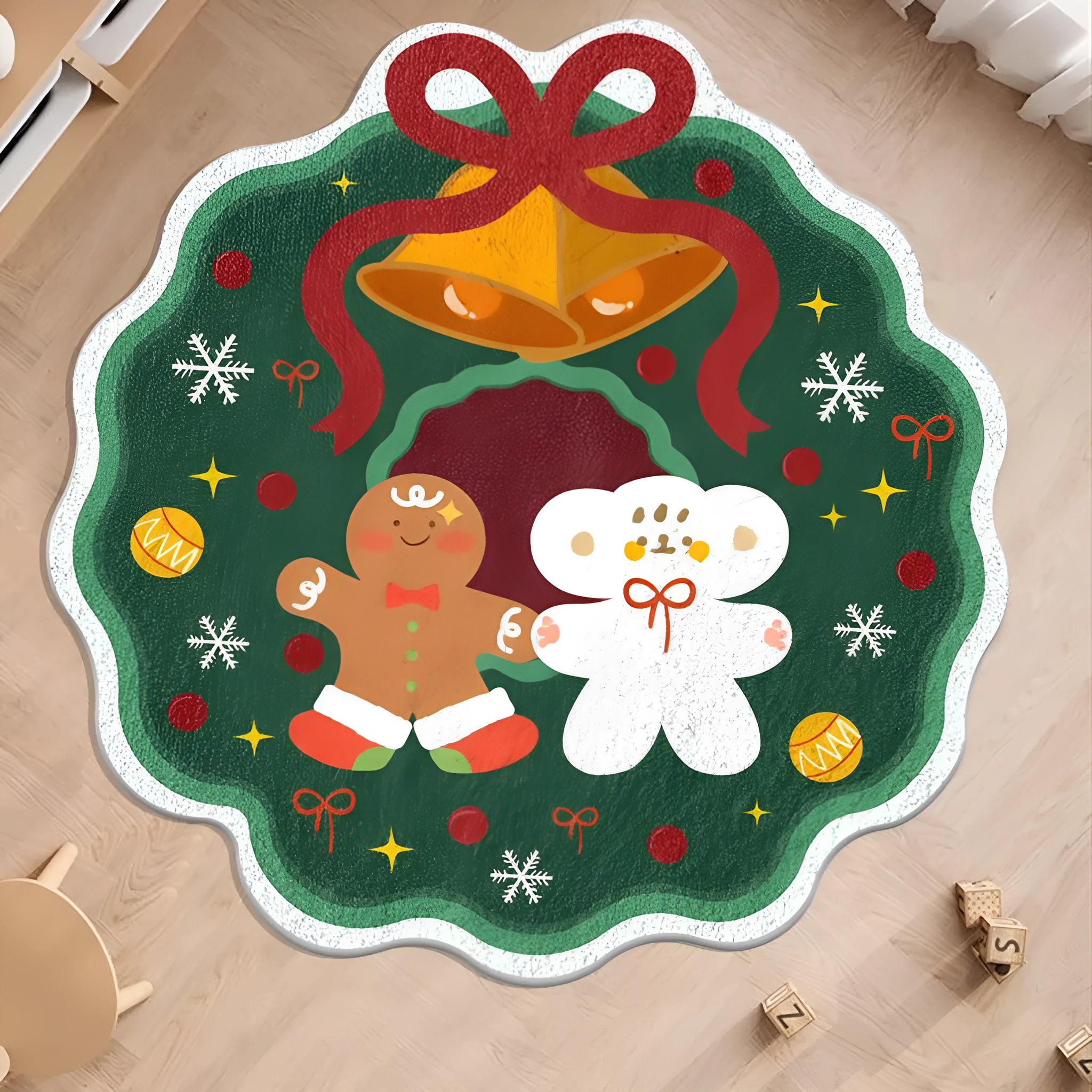 Round Christmas floor mat with cashmere-like texture and holiday-themed colour print