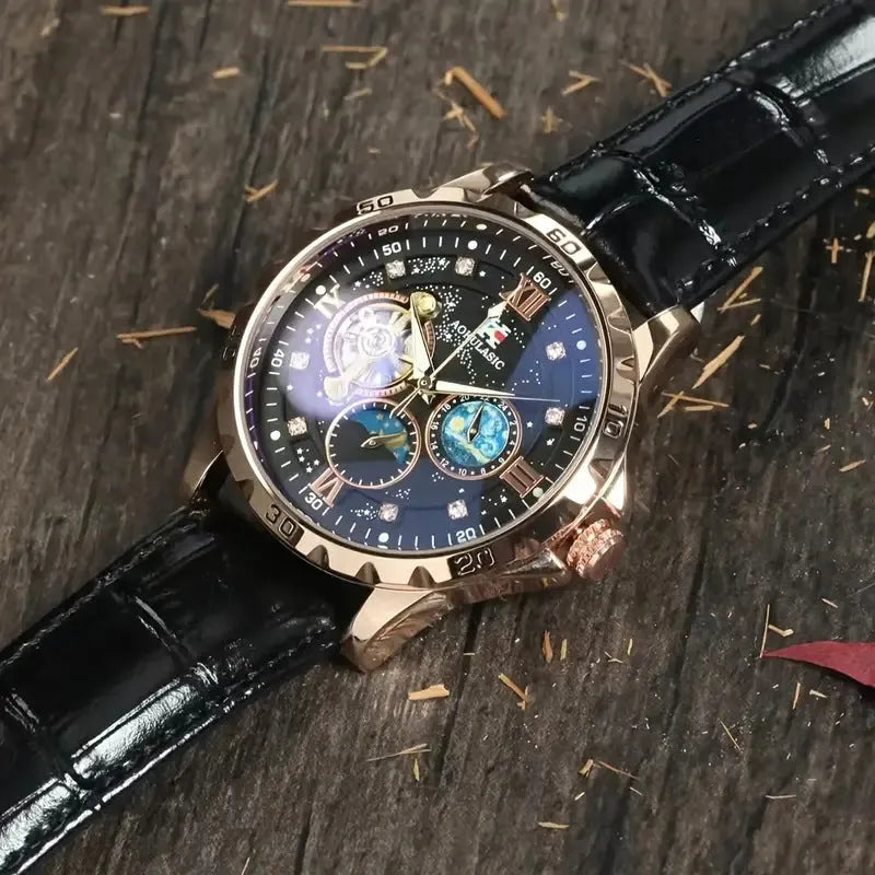 Men's black and rose gold automatic watch with a skeleton dial and leather strap.