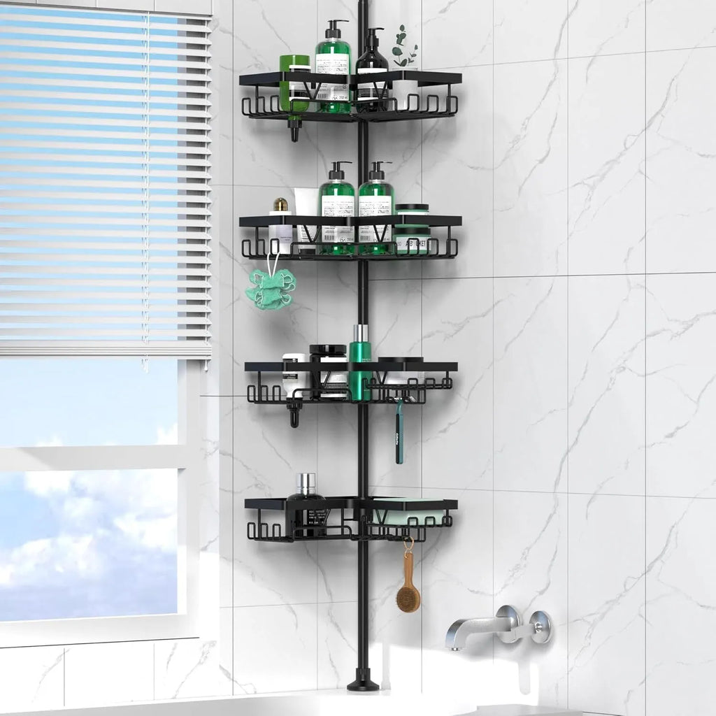 Four-tier retractable bathroom storage rack with stainless steel and iron construction