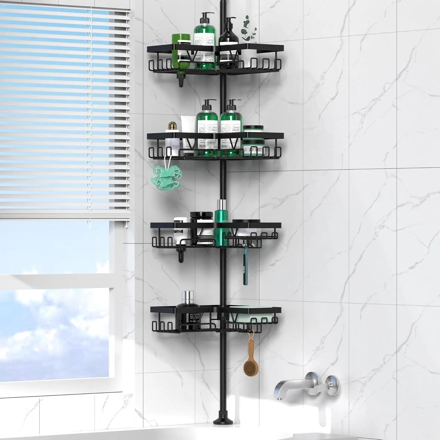 Four-tier retractable bathroom storage rack with stainless steel and iron construction