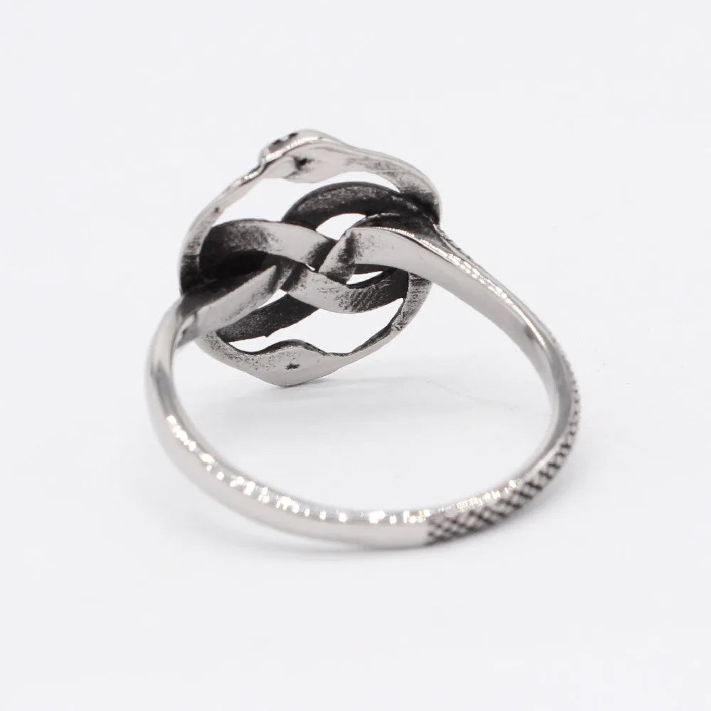 Steel-coloured titanium steel ring with a detailed double snake design on a grey background.