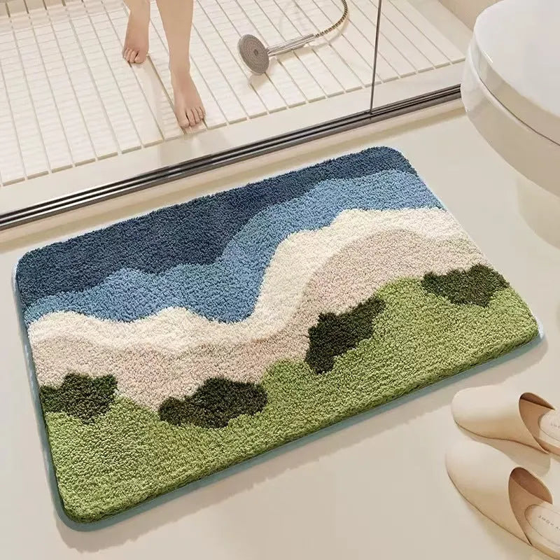 Square rainbow print cashmere carpet floor mat with blue and white sky sea colours and plastic bottom.